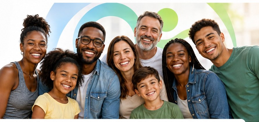 Família reunida e sorrindo: pais, avós e crianças